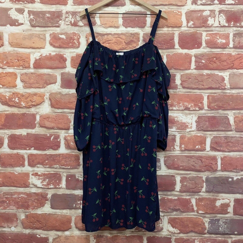 C By Charming Charlie Dress Women's Blue Red Cherry Fruit Casual Cold Shoulder